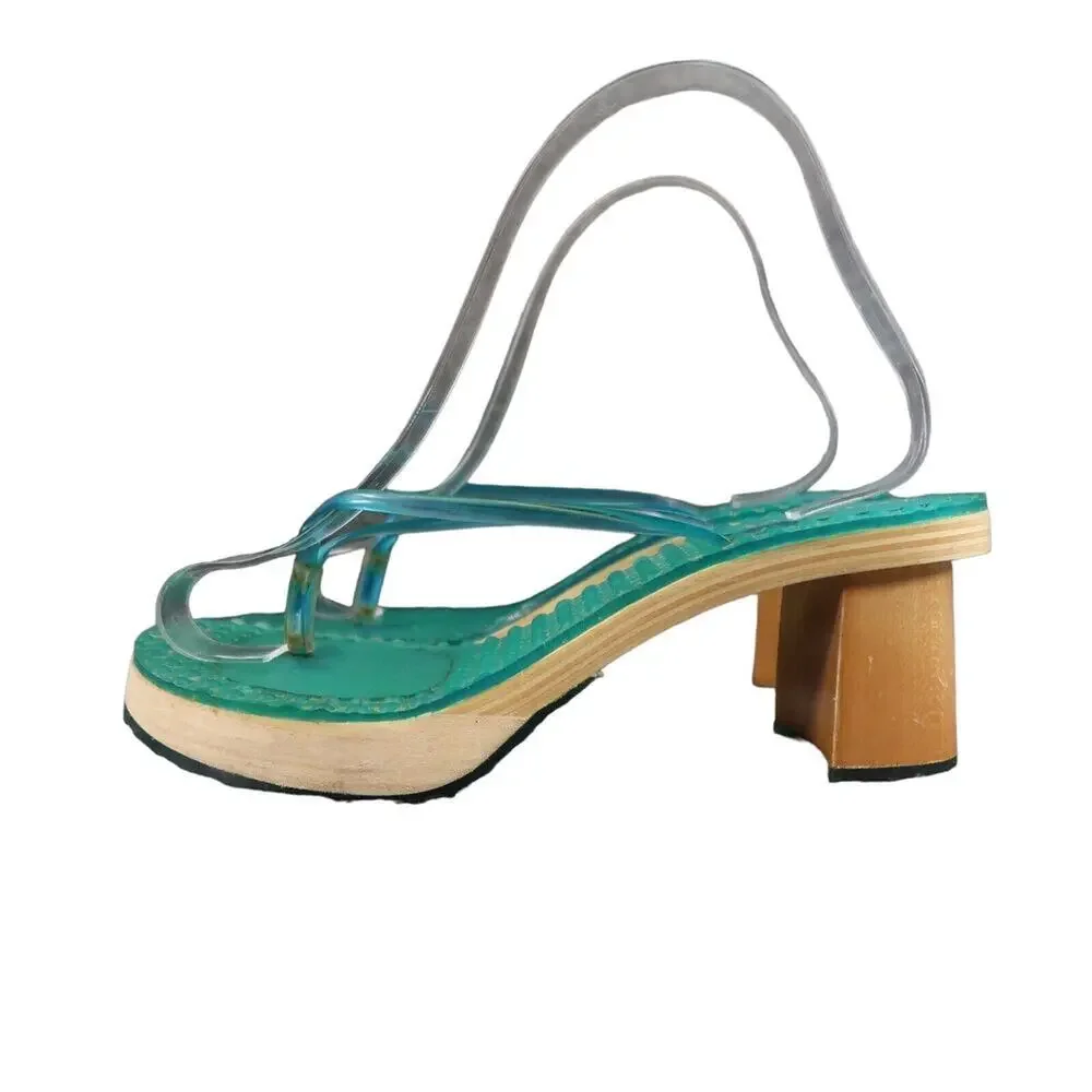On Your Feet Womens 6.5 Sandals Retro 90's Y2k Block Heel Flip Flop Massage Blue